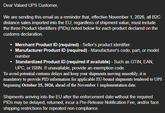 UPS customer notice about EU Product Identifier requirements